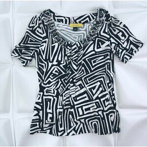 St John Sz S Embellished Rhinestone Studded Pleated Geo Print Tee Blouse Women
